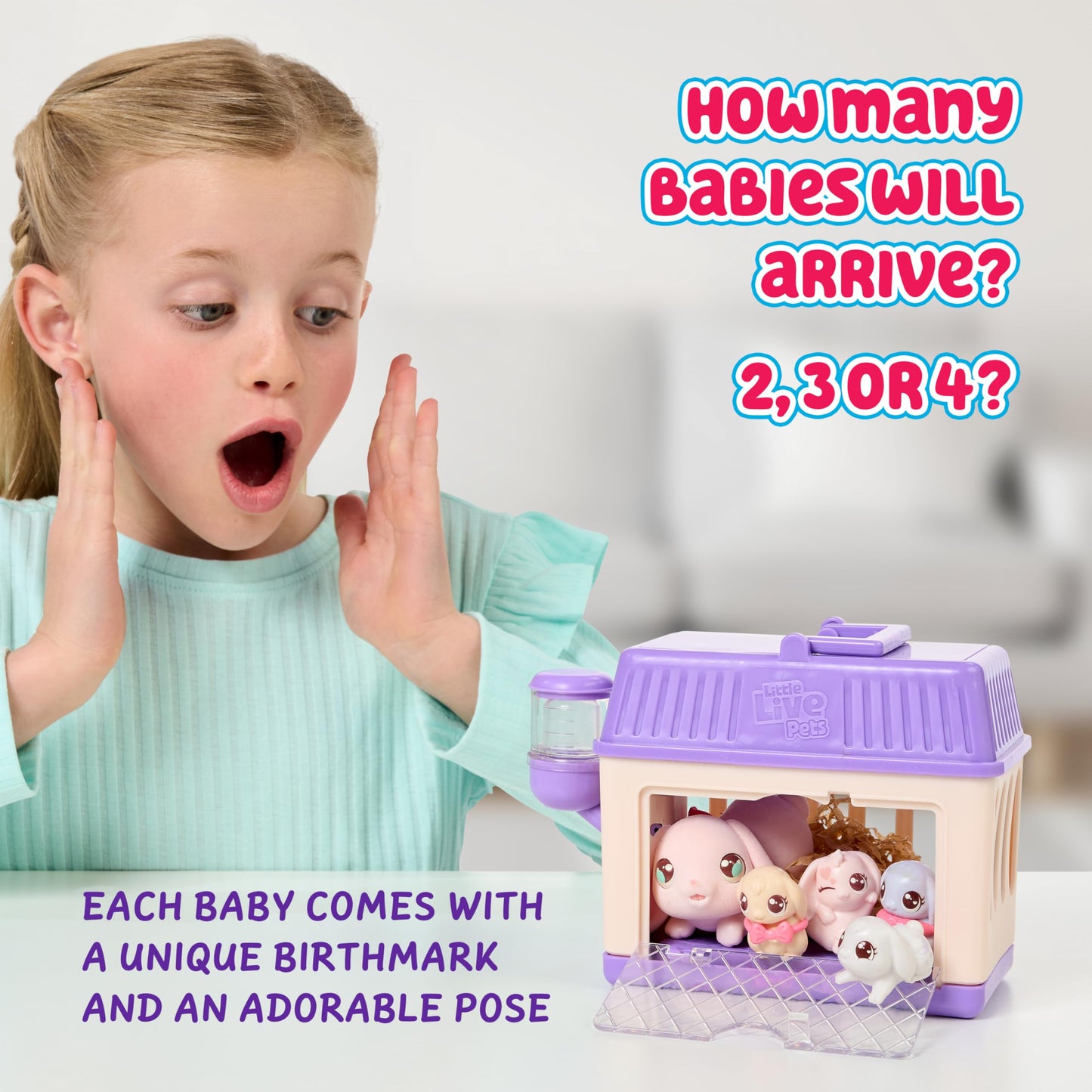 Little Live Pets Mama Surprise Minis Bunny Toy, Care For Your Mama Bunny in Their Hutch To Reveal 2, 3, or 4 Mini Babies
