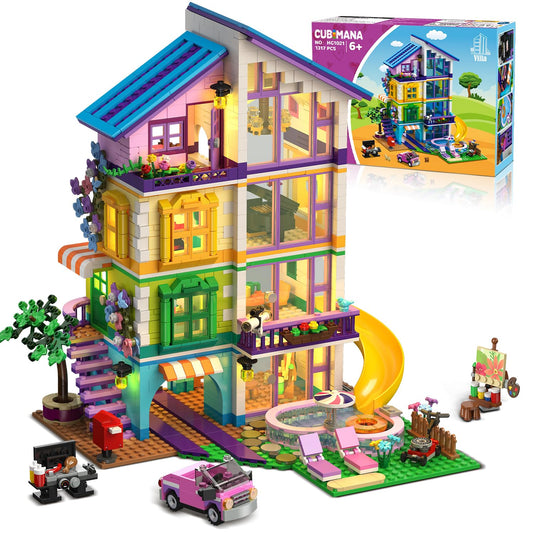 CUBIMANA Friends Girls House Building Set with LED Light - Pink Girl Villa Building Block with Car and Pool, 1317PCS Friends House Toy for Role Play, Christmas Birthday Gift for Girls Boys Age 6-14+