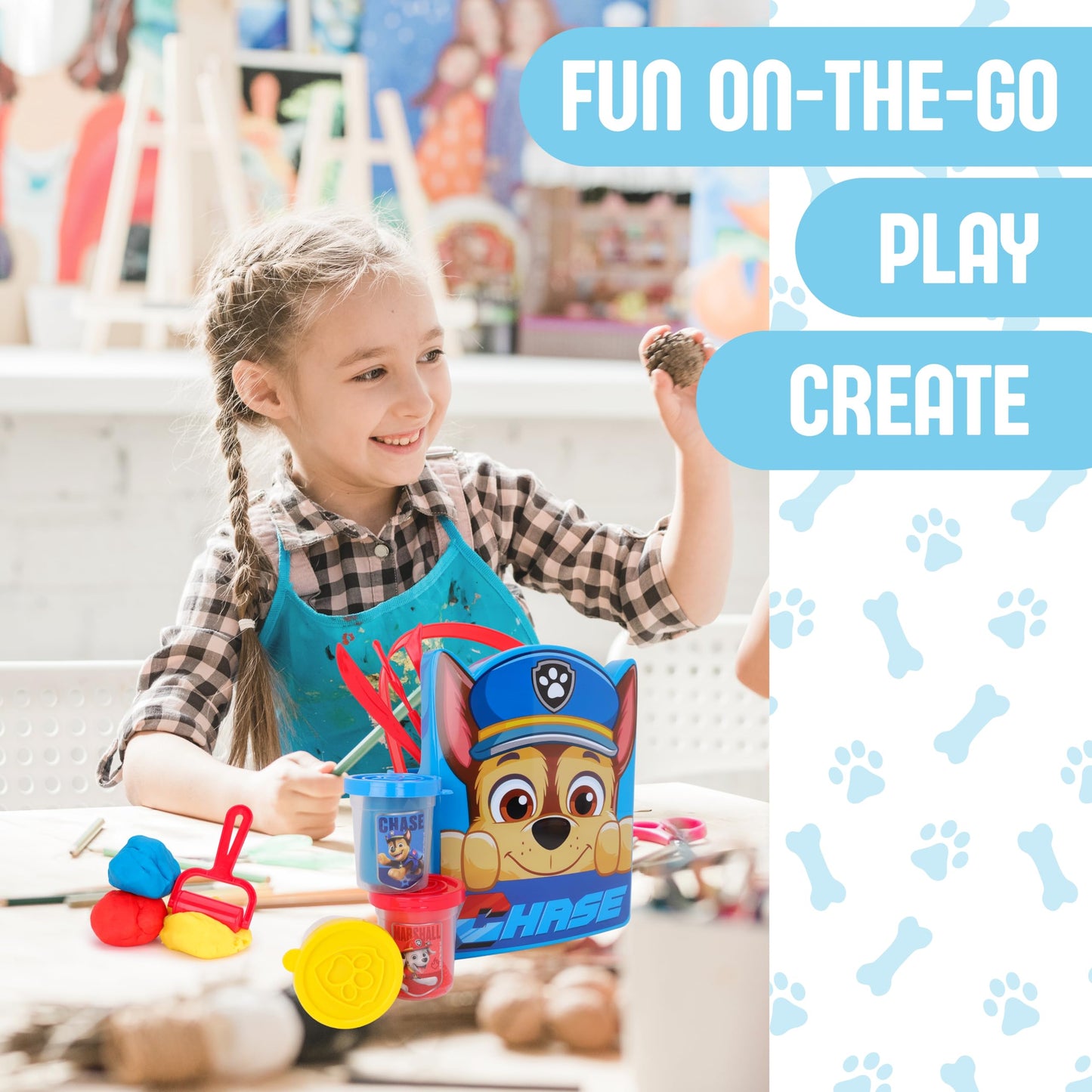 Toyland® 12 Piece Paw Patrol Chase Dough Bucket Activity Set - 3 Dough, 3 Cutters, 1 Roller, 3 Stamps, 1 Wipeable Play Screens & 1 Bucket - Arts & Crafts Toys