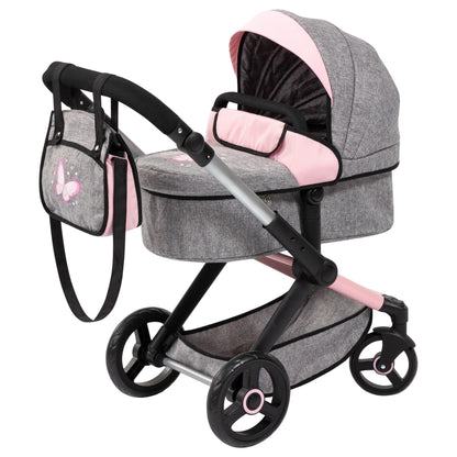 Bayer Design 17033AA Doll's pram Xeo, Stroller, Height-Adjustable, Reversible Handle, Convertible, Bag, Jeans-Grey, Pink