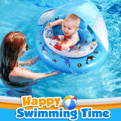 GLOPUS Baby Swimming Float, Baby Pool Float with Canopy, Inflatable Baby Swim Float, Toddler Pool Swimming Float for 6-36 Months, Adjustable Safety Seat, UPF 50+ Sun Protection Roof & Toy