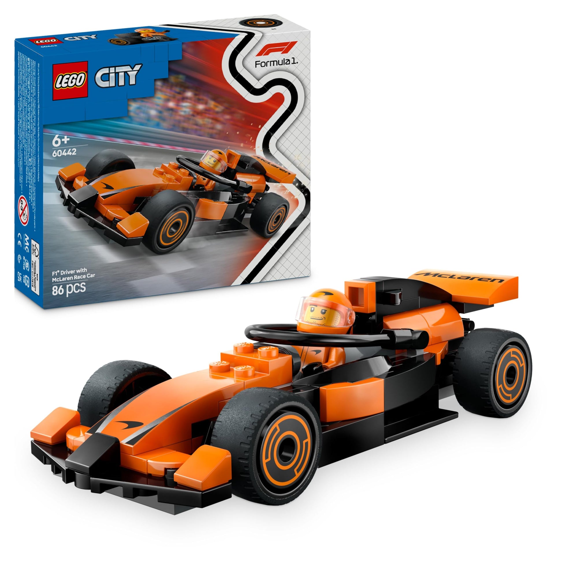 LEGO City F1 driver minifigure with McLaren race car, ideal for building and racing fun for kids and motorsport fans.