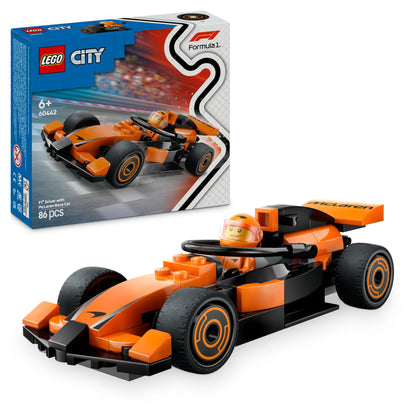 LEGO City F1 driver minifigure with McLaren race car, ideal for building and racing fun for kids and motorsport fans.