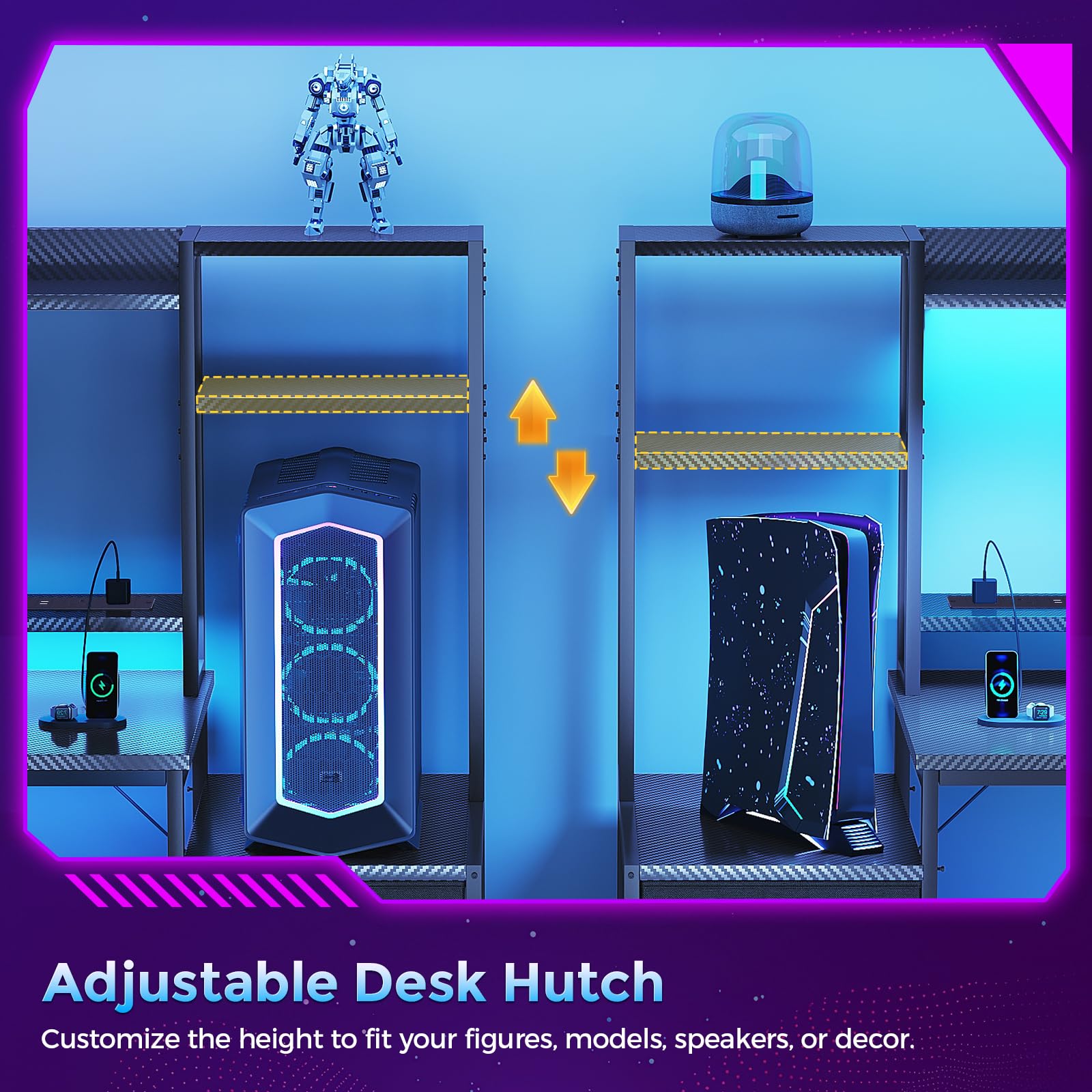 Coleshome gaming desk with drawers, display shelves, LED lights, sockets, monitor stand, in black carbon fiber finish.