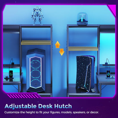 Coleshome gaming desk with drawers, display shelves, LED lights, sockets, monitor stand, in black carbon fiber finish.