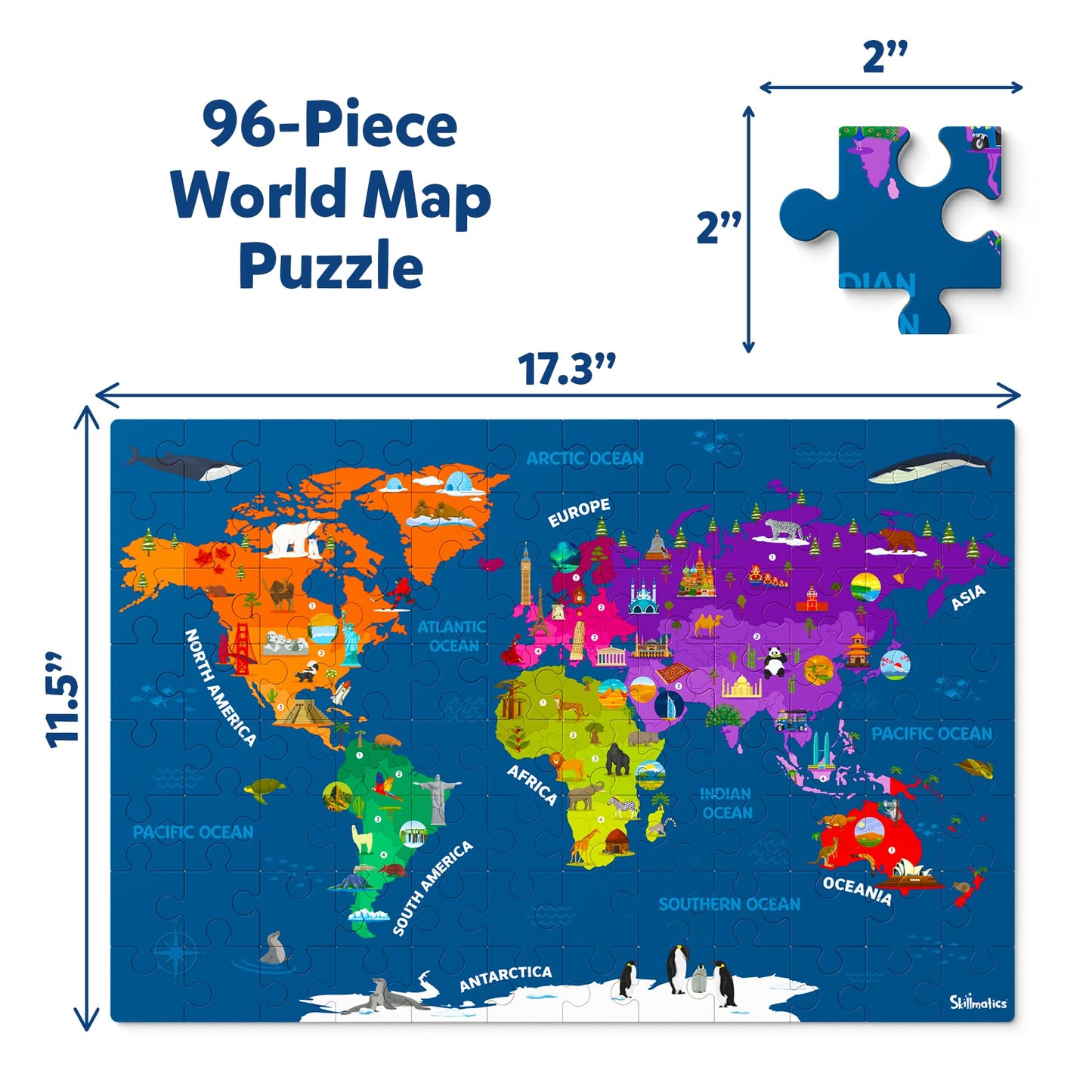 Skillmatics World Map Puzzle - 96 Piece Jigsaw Puzzle, Educational Toy, Geography for Kids, 400+ Facts, Gifts for Boys & Girls Ages 6 to 12