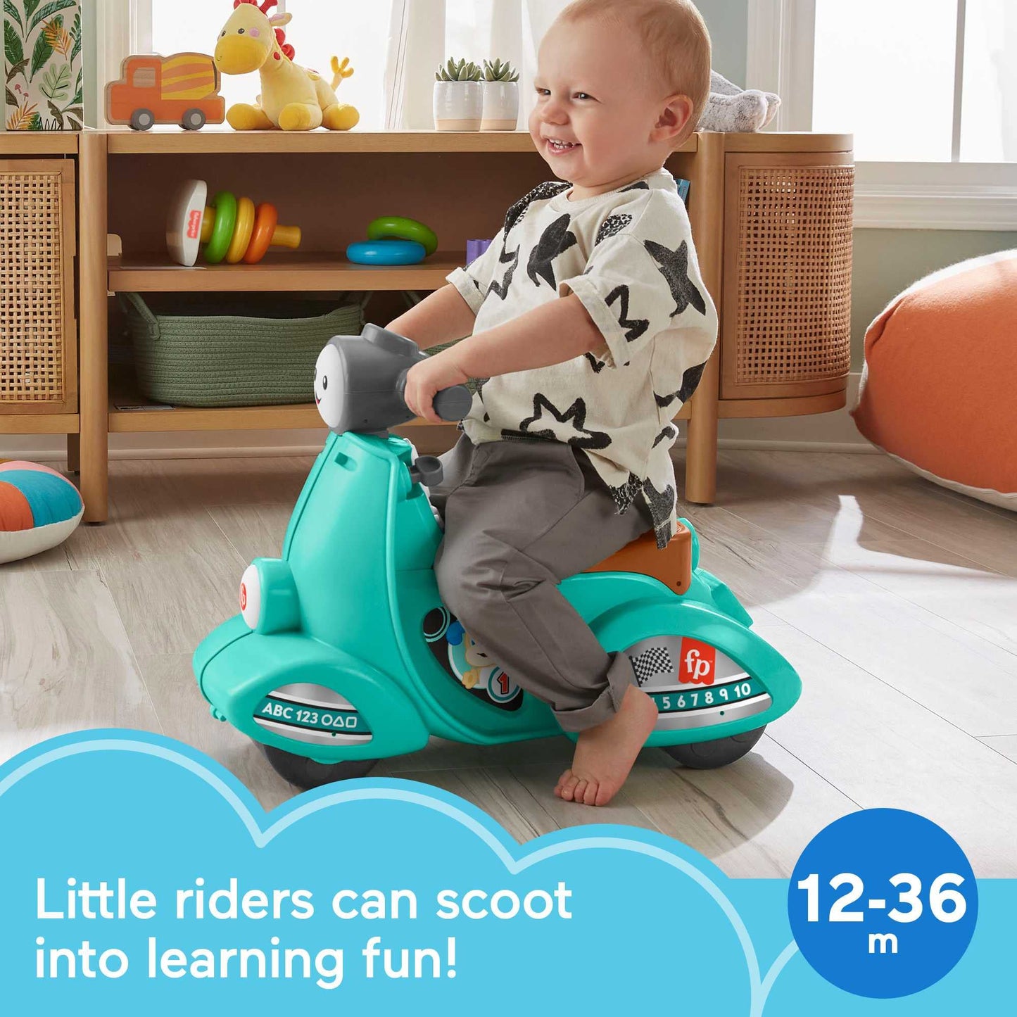 Fisher-Price Toddler Ride-On Toy Scooter with Smart Stages Educational Content for Pretend Play, Multi-Language Version, Laugh & Learn, HMV76