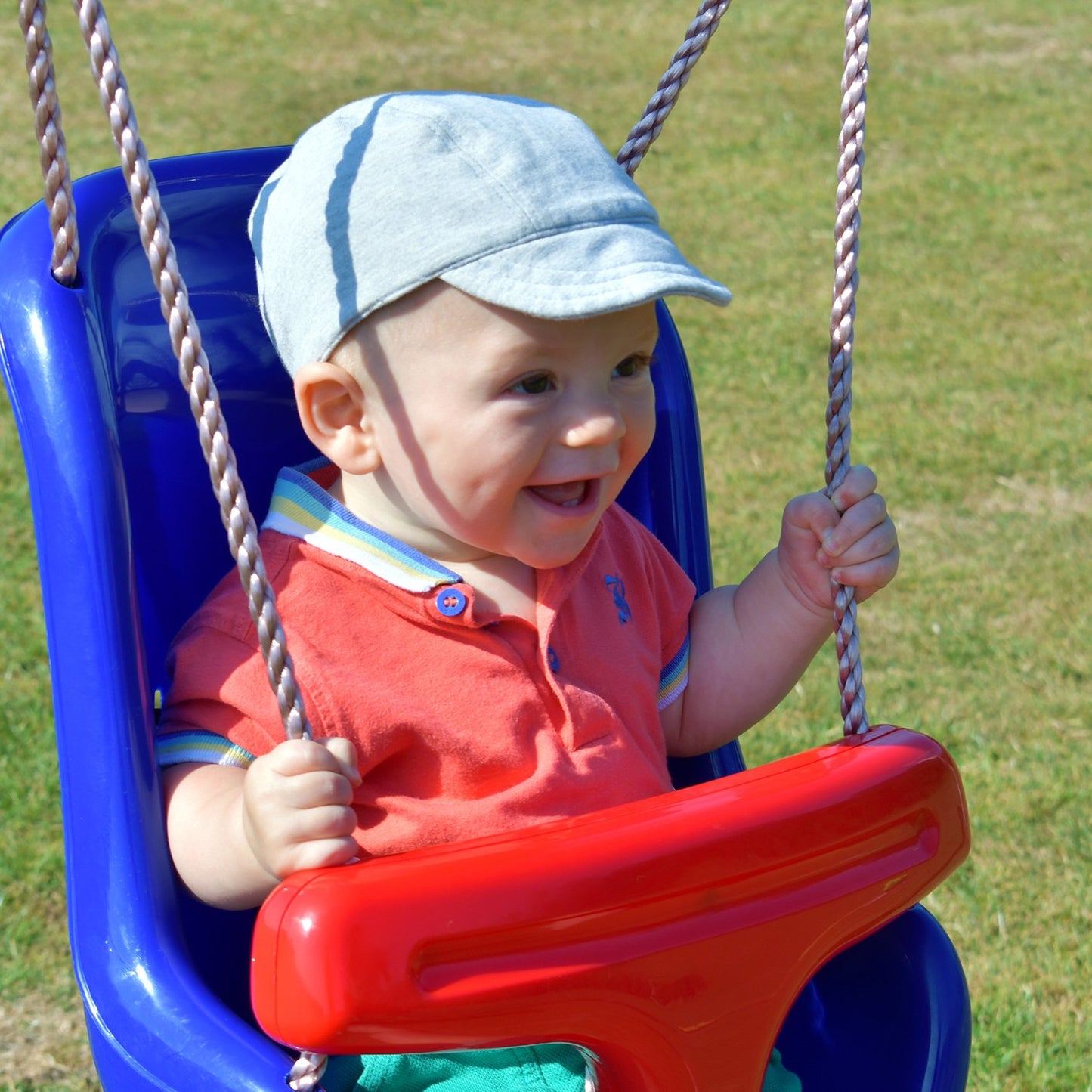 Deluxe Blue and Red Baby Swing Seat with Secure Safety System