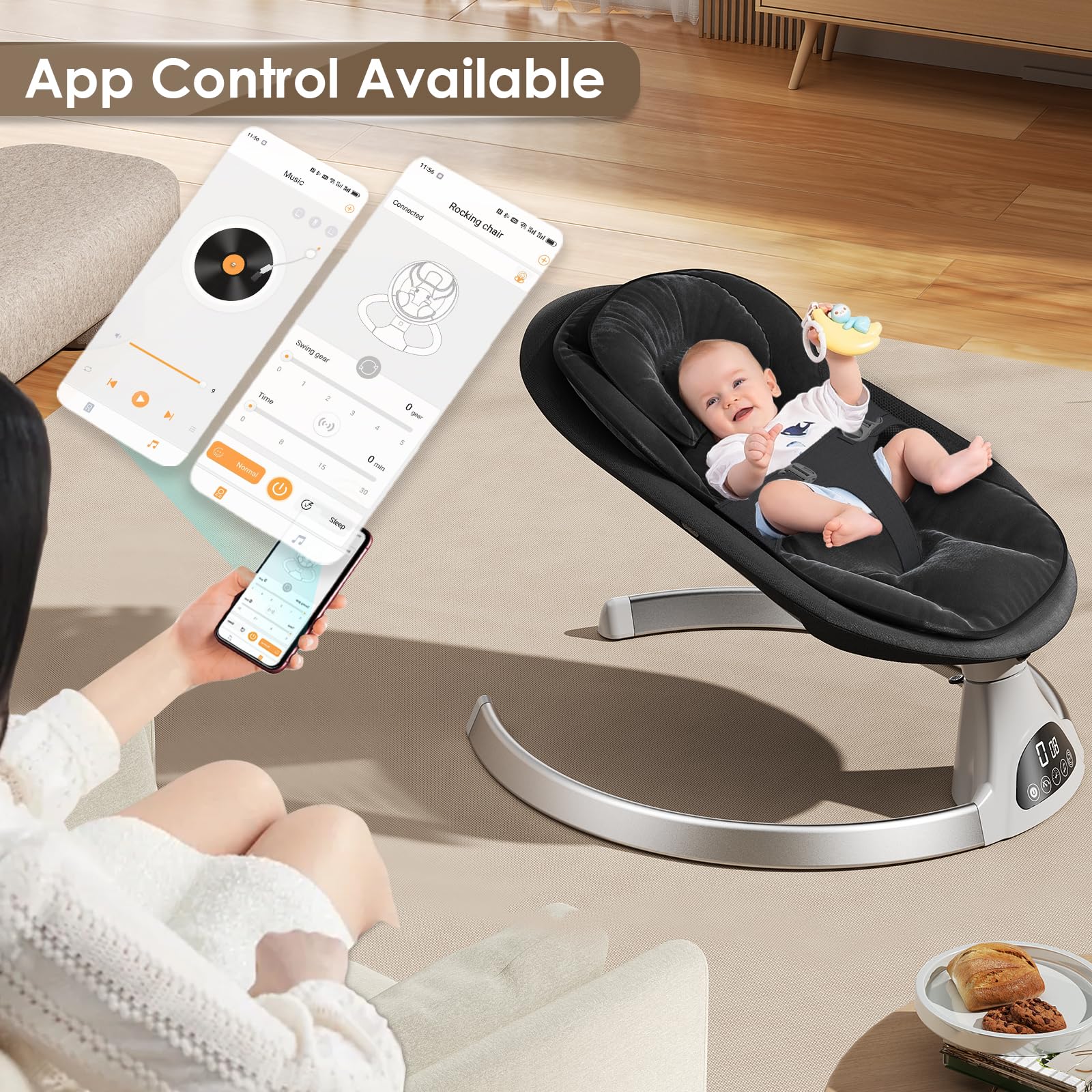 Black Ixdregan electric baby bouncer chair with remote control, Bluetooth, 5 swing speeds, 3 timer settings, and soft padded seat