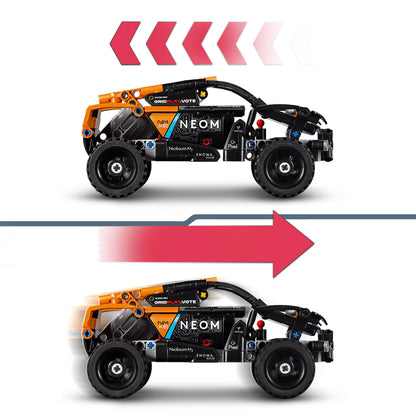LEGO Technic NEOM McLaren Extreme E race car toy for kids, showcasing the detailed off-road model in vibrant colors.