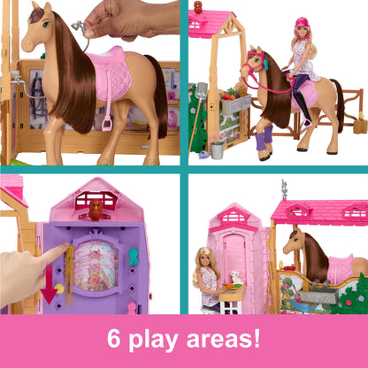 Barbie toy stable playset with doll, horse, and accessories, featuring 25+ pieces and six play areas, inspired by Barbie Mysteries.