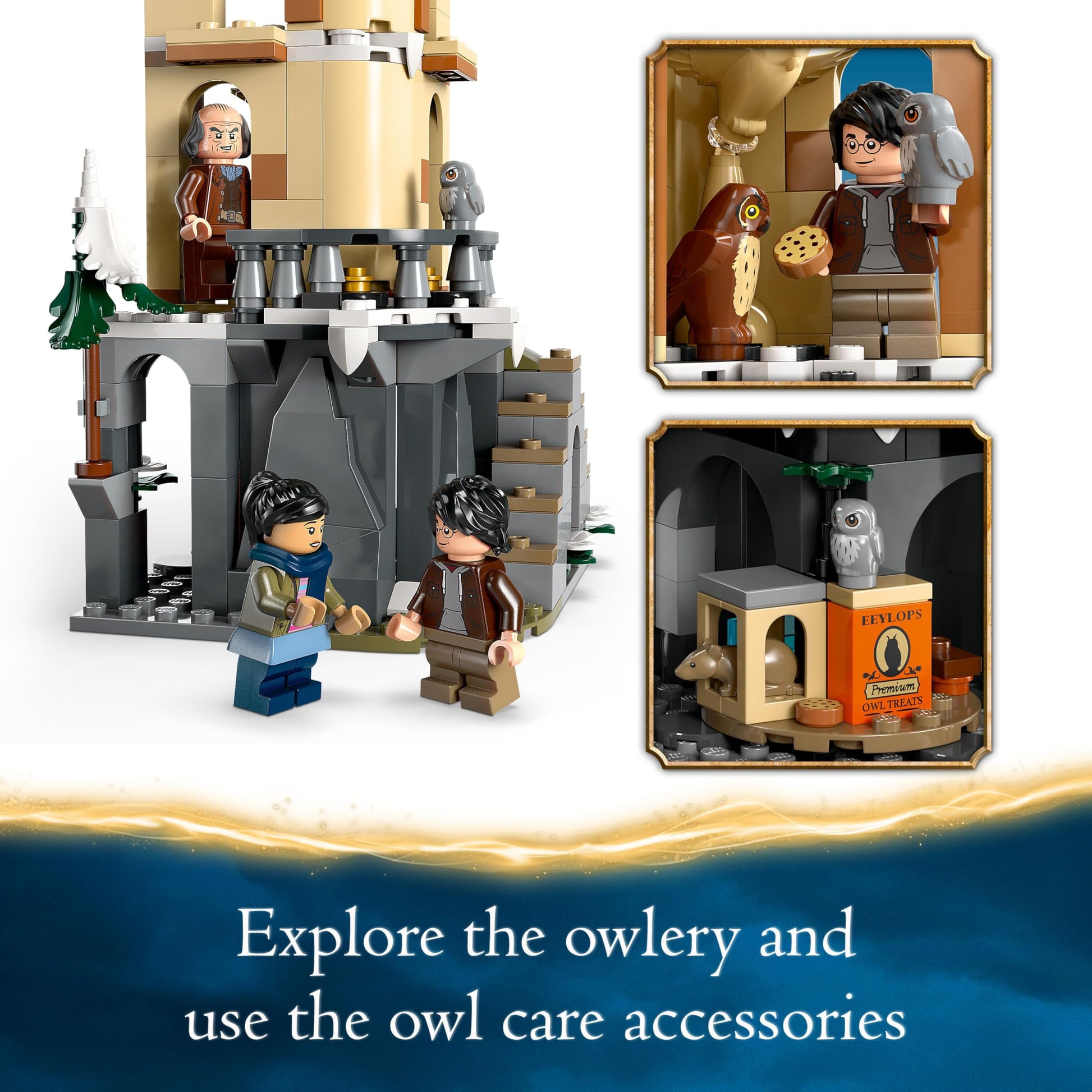 LEGO Harry Potter Hogwarts Castle Owlery set with minifigures and owl figures, ideal for kids aged 8 and up.
