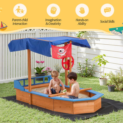 Warmiehomy Sand Pit With Lid For Toddlers Age 3-10 Wooden Kids, Pirate Ship Sand Boat With Canopy Liner Flag, Shell SandPit Outdoor Kids For Garden Backyard Creative Fun Gift For 3+ Years