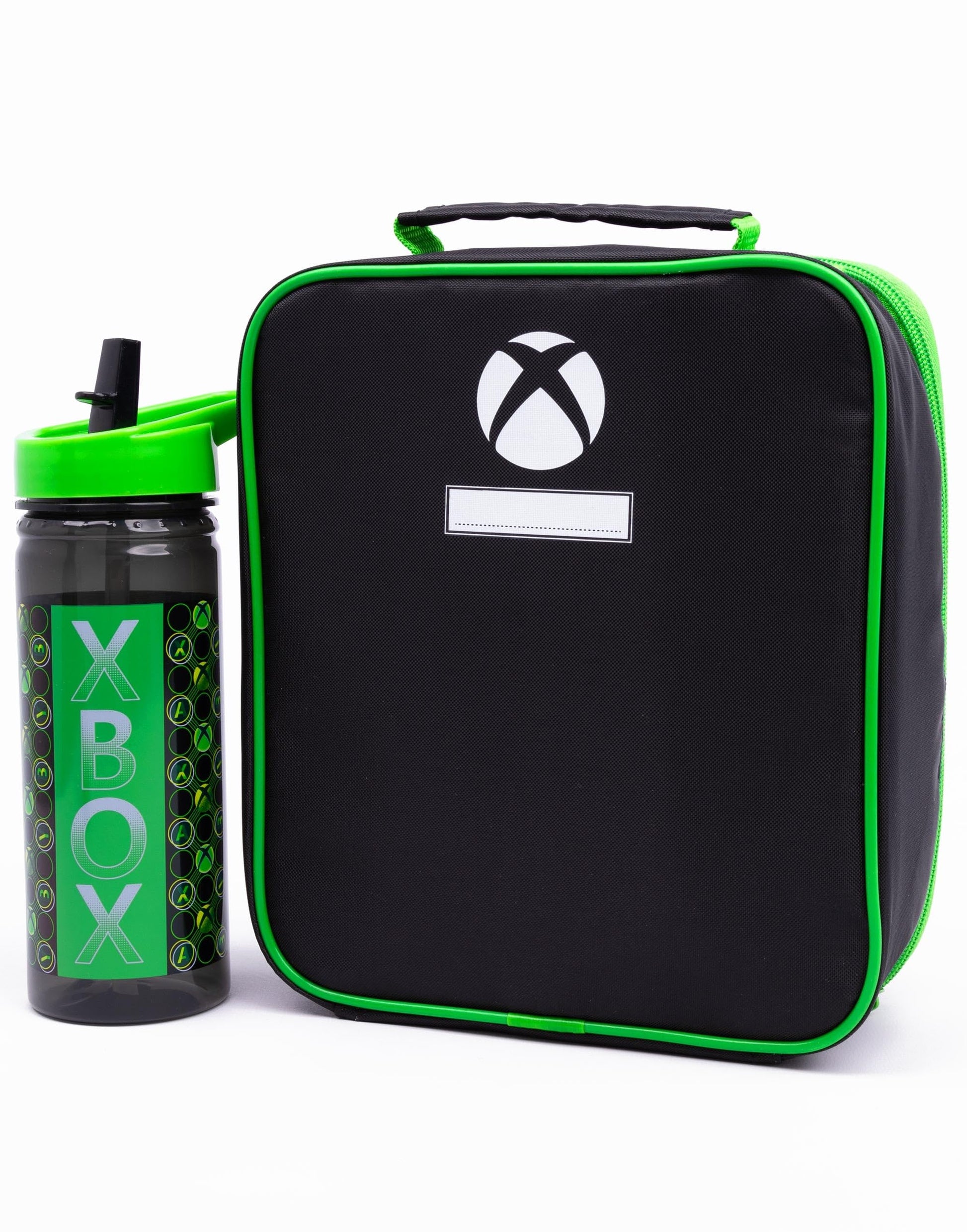 Green Xbox lunch bag set with controller logo, BPA-free water bottle, and three snack pots for kids' school lunch and snacks.