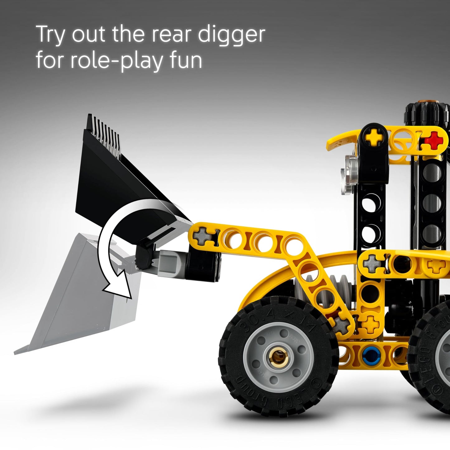 LEGO Technic Backhoe Loader construction vehicle toy with back digger, scoop, and outriggers for kids aged 7 and up.