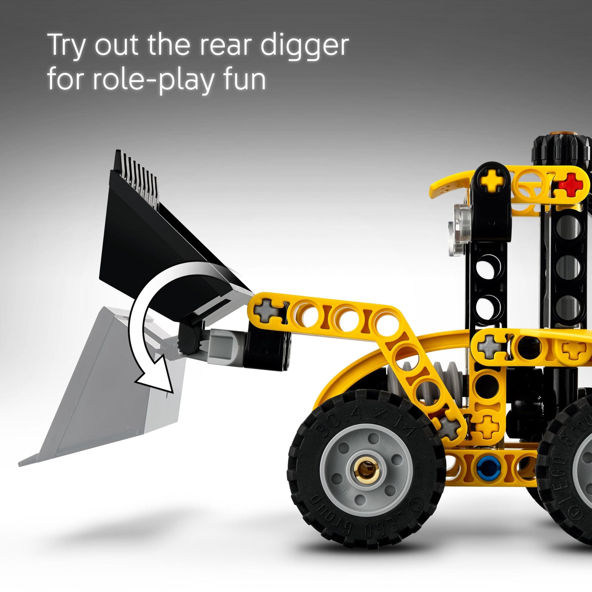 LEGO Technic Backhoe Loader construction vehicle toy with back digger, scoop, and outriggers for kids aged 7 and up.