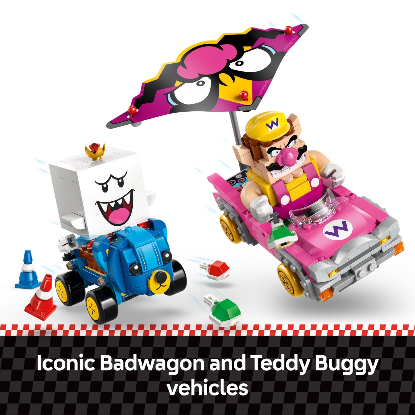 LEGO Super Mario Wario & King Boo set with two cars and figures, interactive Mario Kart toy for kids aged 8+ for play and display.