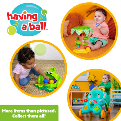 Bright Starts Stroll 'N Roll 2-In-1 Ball Play Walker featuring an elephant design with lights and music for infants aged 6 months+