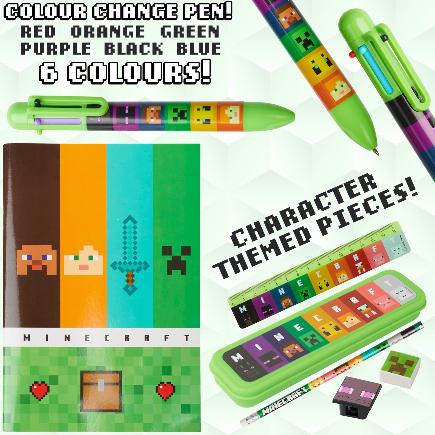 Minecraft Pencil Case and Stationery Set for Kids Filled Pencil Pouch Notebook Sticky Notes Pencils Creeper School Supplies Gamer Gifts for Kids (Green/Multi)