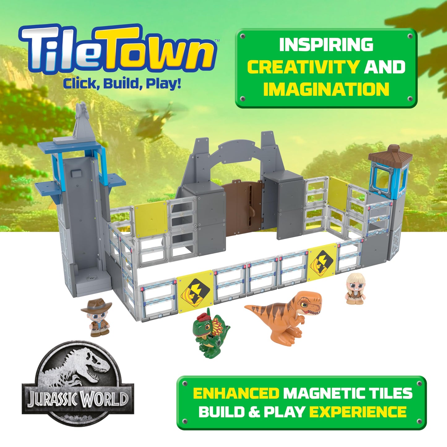 Tile Town Jurassic World Gate Escape Magnetic Tiles Construction Building Set and Figures, Kids 3-5+, New ACTION TILES for Action Play, Realistic Builds, STEM Creative Toy