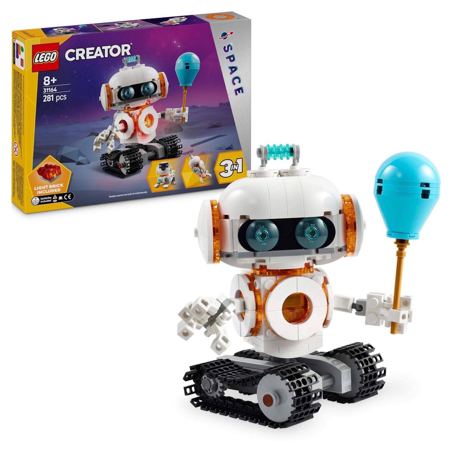 LEGO Creator 3in1 Space Robot building set with dog figure and rocket model, ideal for kids aged 8 and up.