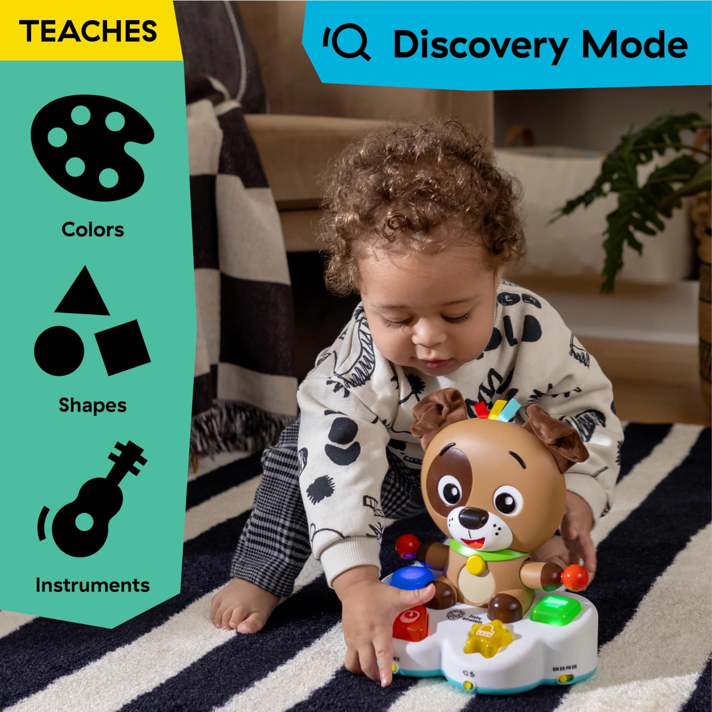 Baby Einstein Drum & Learn Dean musical learning toy for babies, showing colorful buttons and musical features for ages 6 months and up.