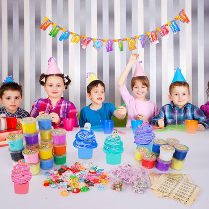 Set of 15 FODYNE mini butter slime containers featuring colorful cotton candy and fruit-themed slime for kids' sensory play.