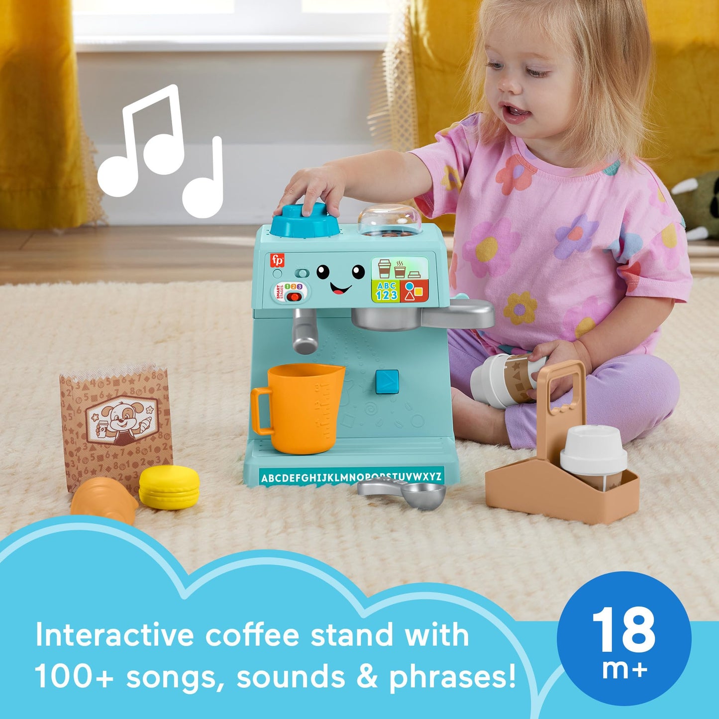 Fisher-Price Toddler Toy Laugh & Learn Coffee Café Musical Playset with Educational Songs & 10 Pretend Play Pieces for Kids Ages 18+ Months, HTW96