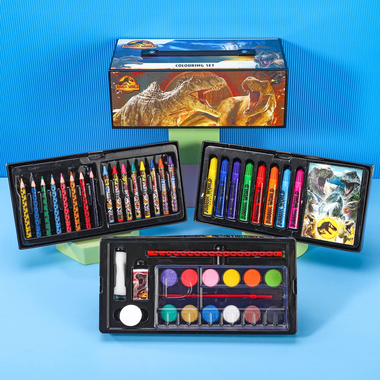 Zawadi Global Jurassic World Kids 52pc Colouring Art Stationery Set with Watercolour Felt Tip Pens Crayons and Pencils Travel Set for Children