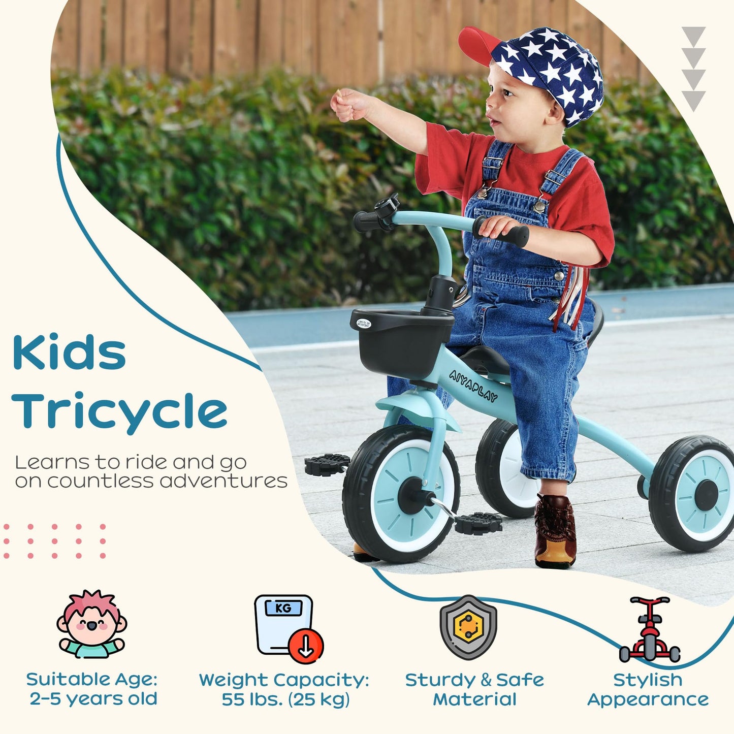 AIYAPLAY Baby Trike, Toddler Tricycle with Adjustable Seat, Basket, Bell, Kids Tricycle for 2-5 Years Old, Blue