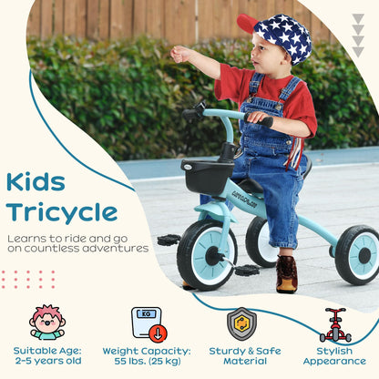 AIYAPLAY Baby Trike, Toddler Tricycle with Adjustable Seat, Basket, Bell, Kids Tricycle for 2-5 Years Old, Blue