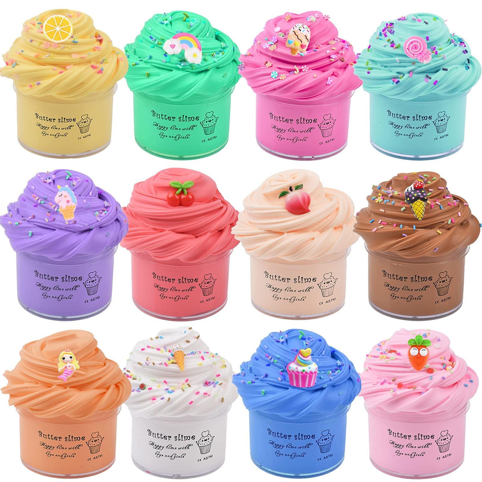 Petyuioyu fluffy slime kit with 12 butter slime packs, including rainbow unicorn and fruit slime, soft, non-sticky stress relief putty