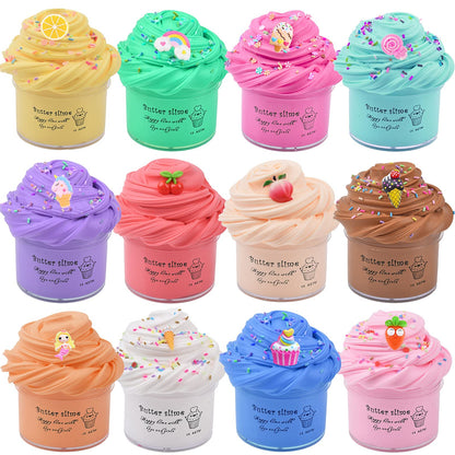 Petyuioyu fluffy slime kit with 12 butter slime packs, including rainbow unicorn and fruit slime, soft, non-sticky stress relief putty
