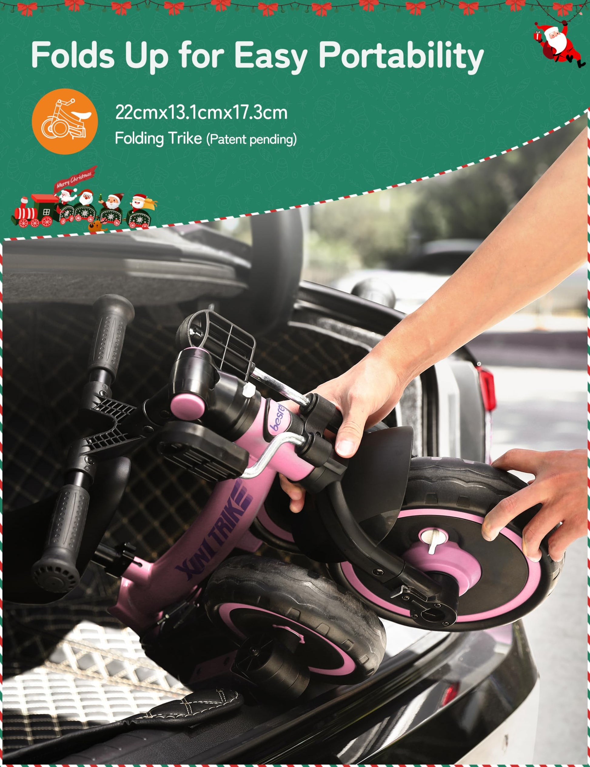 besrey 7-in-1 pink toddler tricycle with adjustable seat, removable pedals, and parent steering handle for ages 1-5.