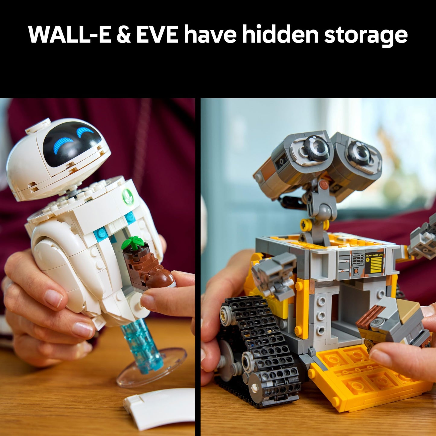 LEGO Disney Pixar WALL-E and EVE display model kit with M-O and Hal figures, perfect for adult collectors and home decor.