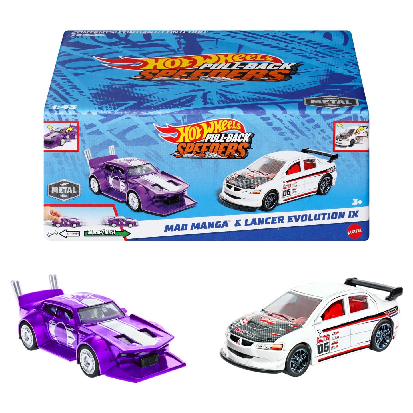 Hot Wheels Pull-Back Speeders set of 2 toy cars in 1:43 scale with opening features and assorted styles.