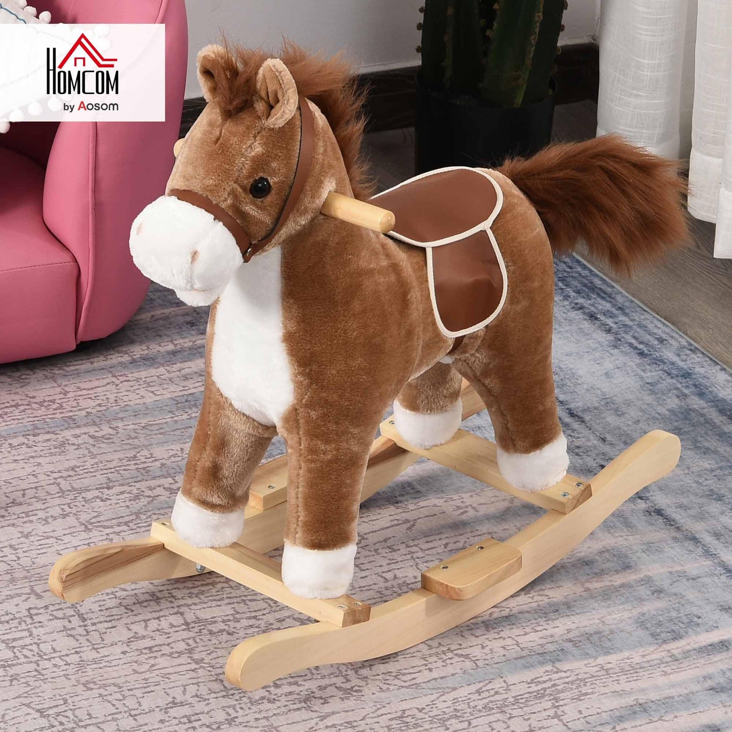 HOMCOM Kids Plush Rocking Horse w/Sound Moving Mouth Wagging Tail Children Rocker Ride On Toy Gift 3-6 Years Brown