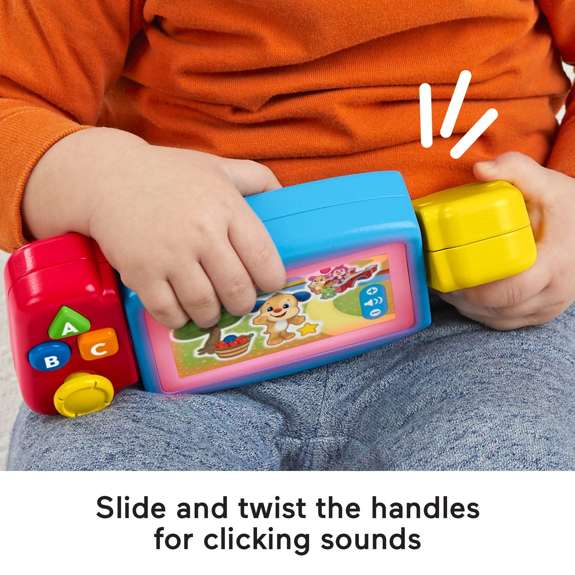 Fisher-Price Laugh & Learn Pretend Video Game Toddler Toy with lights, sounds, and educational songs from the Twist & Learn Gamer series.