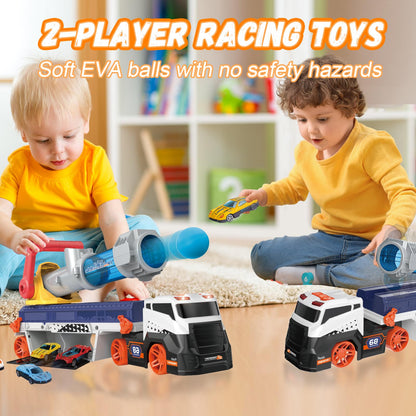 lerrbo Transport Truck Toys for Kid Boys 3-5, EVA Ball Launcher Car and Garage Car Toys with Light & Sound, Shooting Toy Sets, Birthday Gifts for Kid Boys Age 4-6