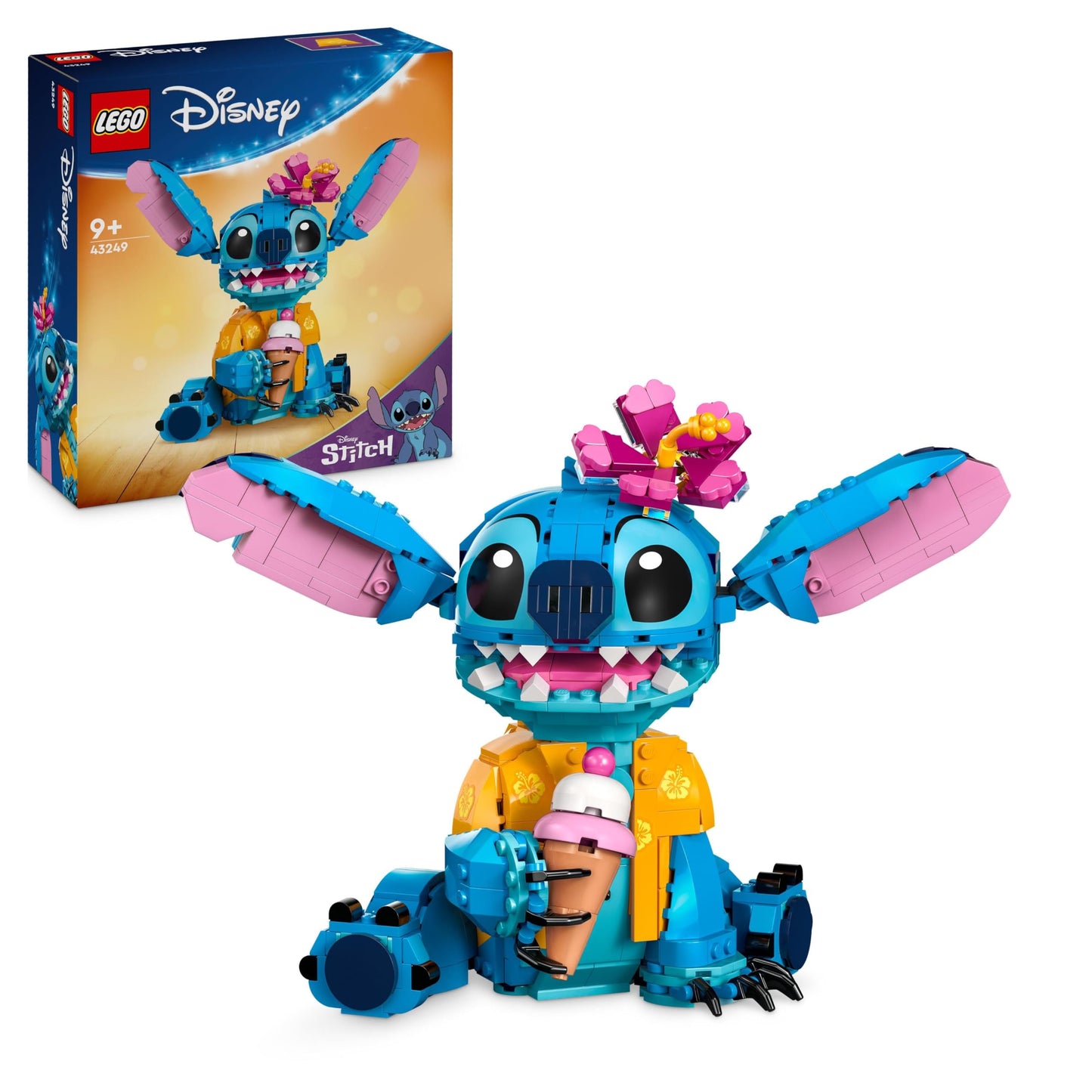 LEGO Disney Stitch toy figure holding an ice cream cone and flower, ideal for fans of Lilo & Stitch and ages 9+.