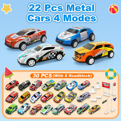 TOYABI 22-piece metal race car set with mini pull-back cars and roadblocks, ideal for kids aged 3 to 8 years.
