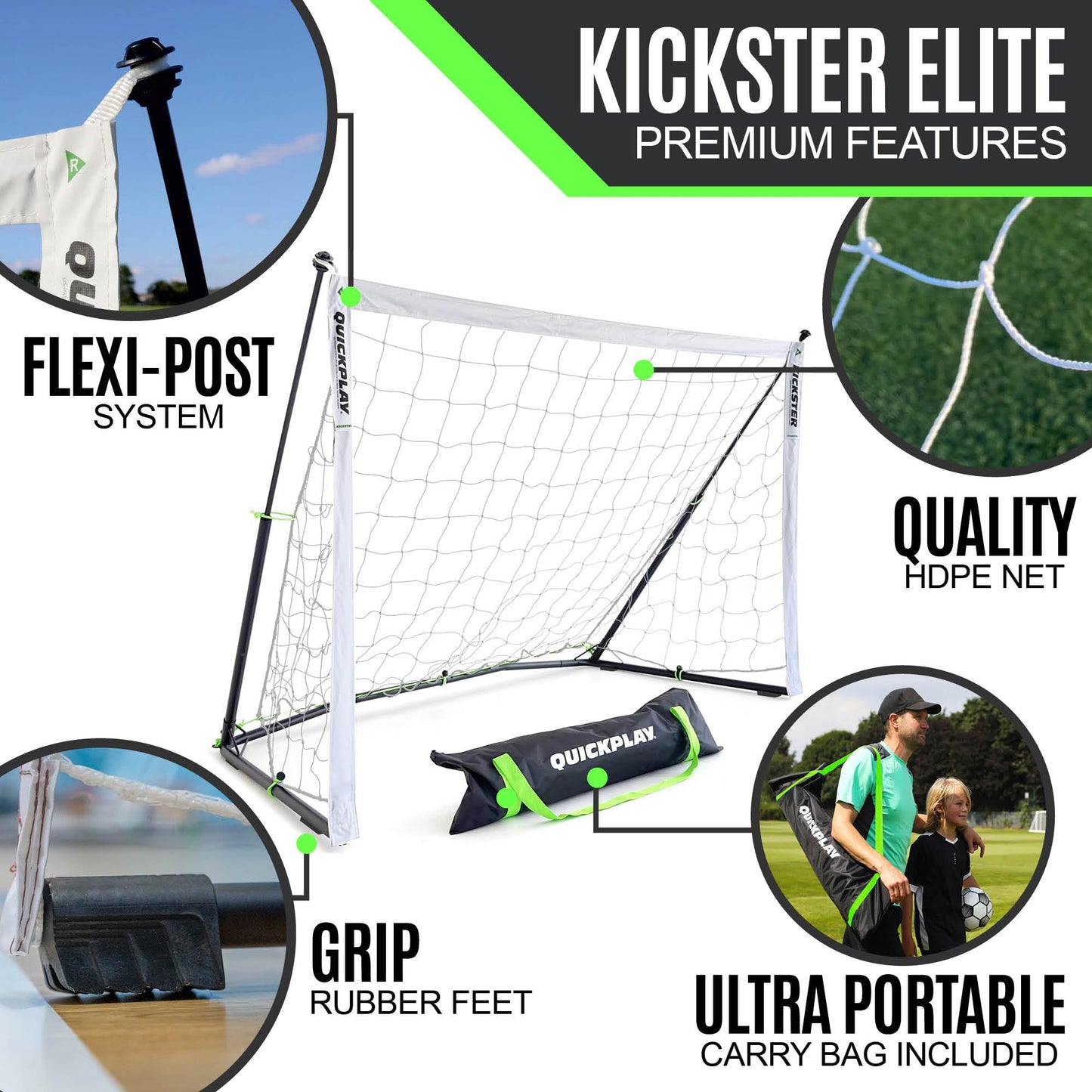 QUICKPLAY Kickster Elite Football Goal 6x4' – Ultra Portable Indoor & Outdoor Football Goals with Weighted Base [Single Goal]