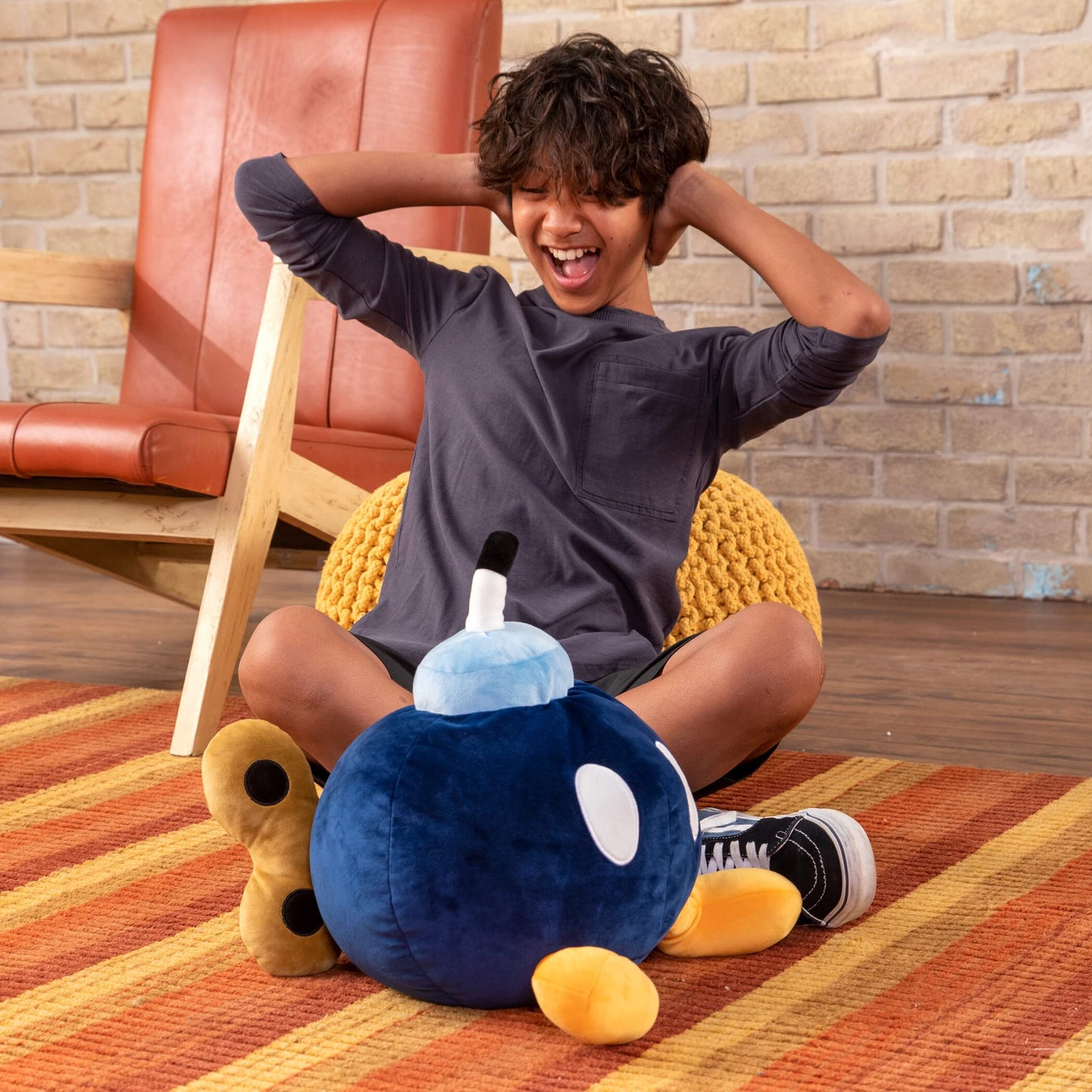 Nintendo licensed Club Mocchi Mocchi plush toy featuring a blue Mega Bob-Omb from the Mario series. Soft, cuddly, and detailed.