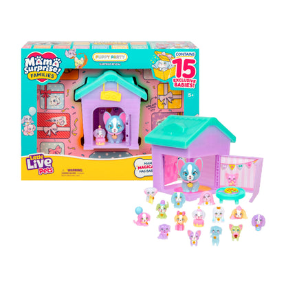Little Live Pets Mama Surprise Families - Puppy Party Pack, Collect 15 Mini Collectible Puppies and Mama Pup, Fold-Out Playset with Mama's House, Over 80 Puppies to Collect, Fun Gift for Kids