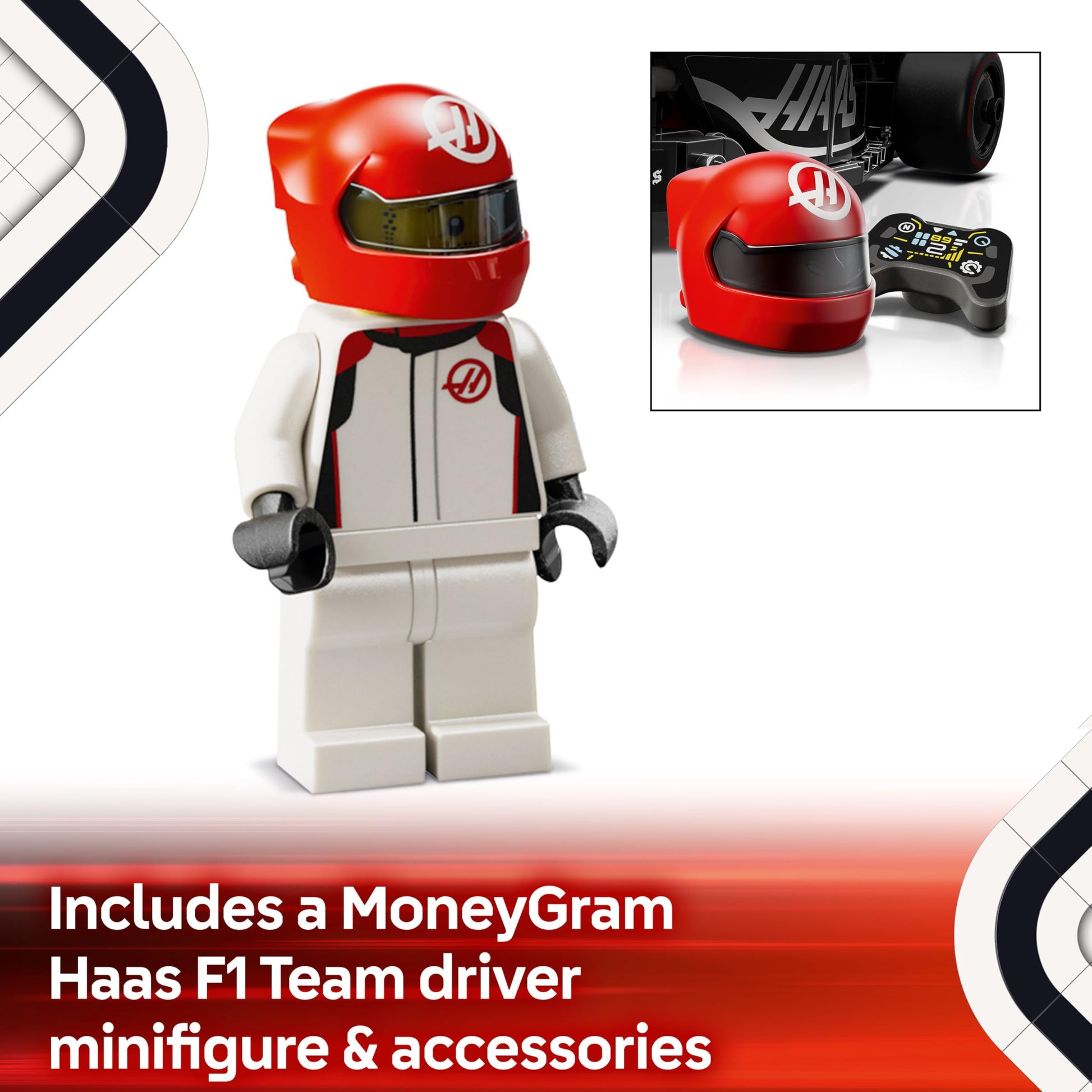 LEGO Speed Champions Haas F1 Team VF-24 race car model kit with a collectible Formula 1 driver minifigure.