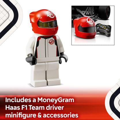 LEGO Speed Champions Haas F1 Team VF-24 race car model kit with a collectible Formula 1 driver minifigure.