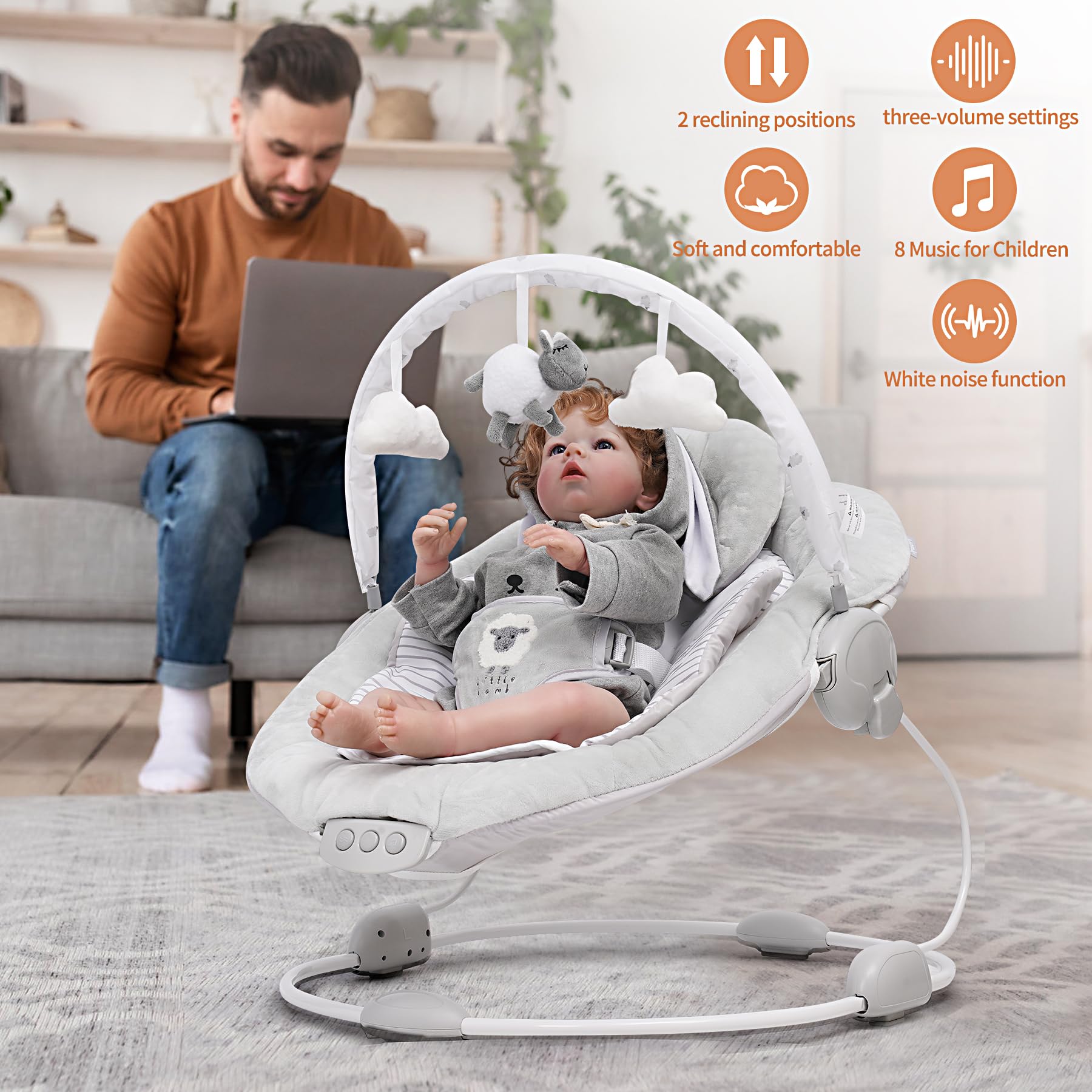 LADIDA soft padded lamb bouncer for newborns 0-6 months with soothing music and vibration features, plush and comfortable design.