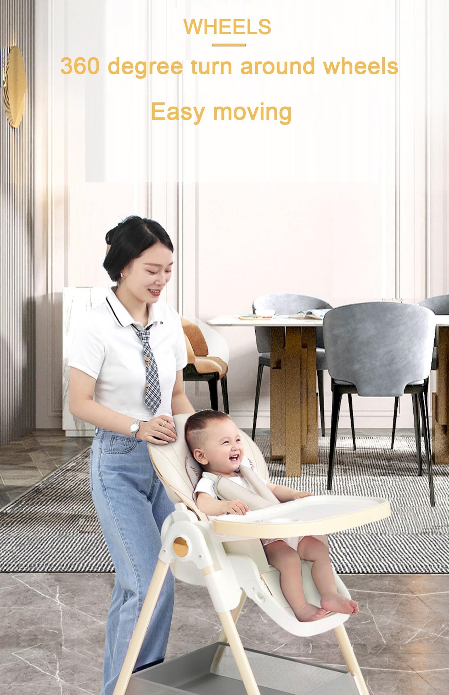 Baby high chair by Magic ZC with white finish, adjustable height, 3 recline positions, foldable design, detachable trays, and wheels.
