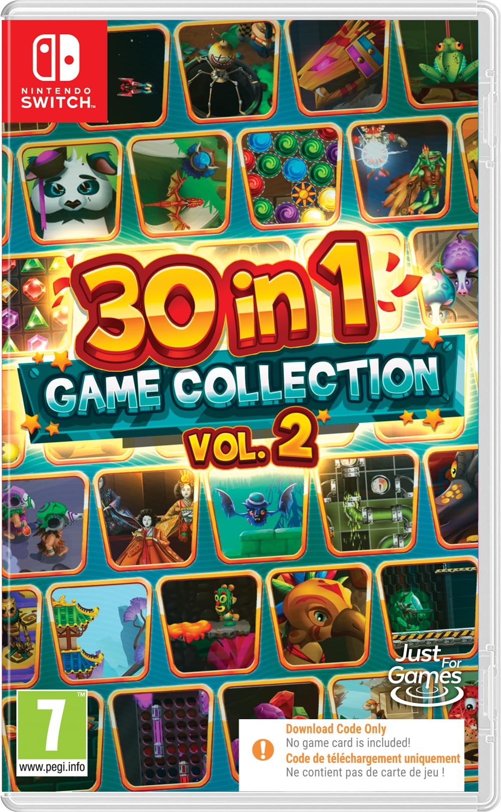 Nintendo Switch 30 in 1 Games Collection Vol.2 by Just For Games, showing game cartridges and colorful cover art.