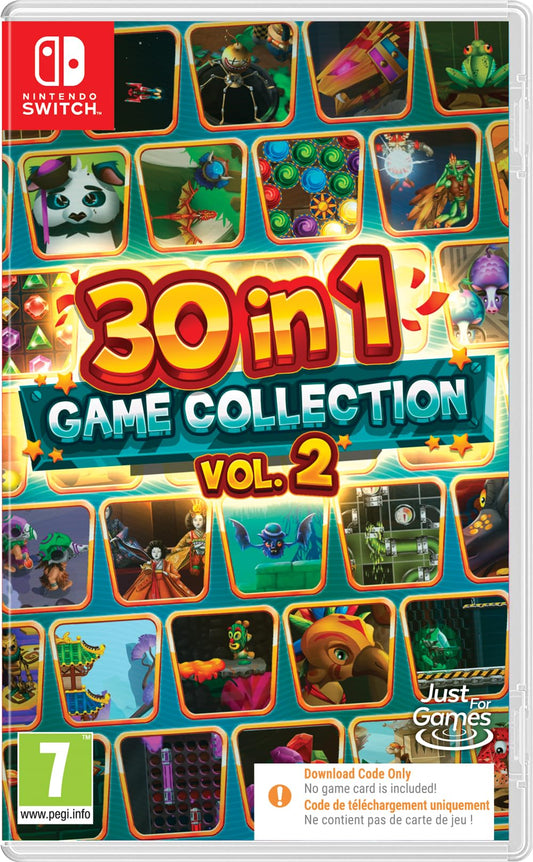 Nintendo Switch 30 in 1 Games Collection Vol.2 by Just For Games, showing game cartridges and colorful cover art.